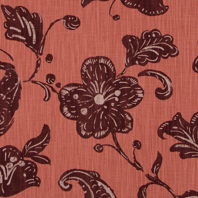 Aubergine fabric with a dark maroon floral damask pattern, linen-like texture and swirling leaves.