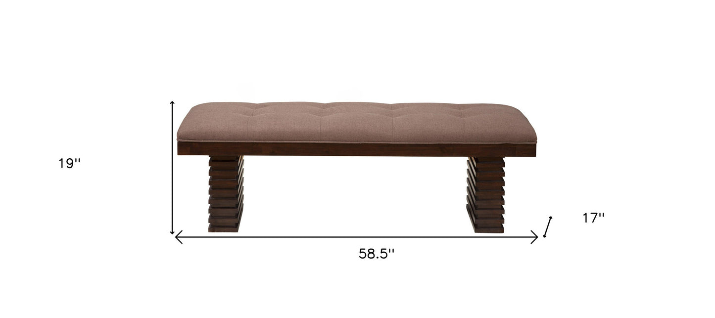 59" Latte and Espresso Upholstered Linen Blend Dining Bench