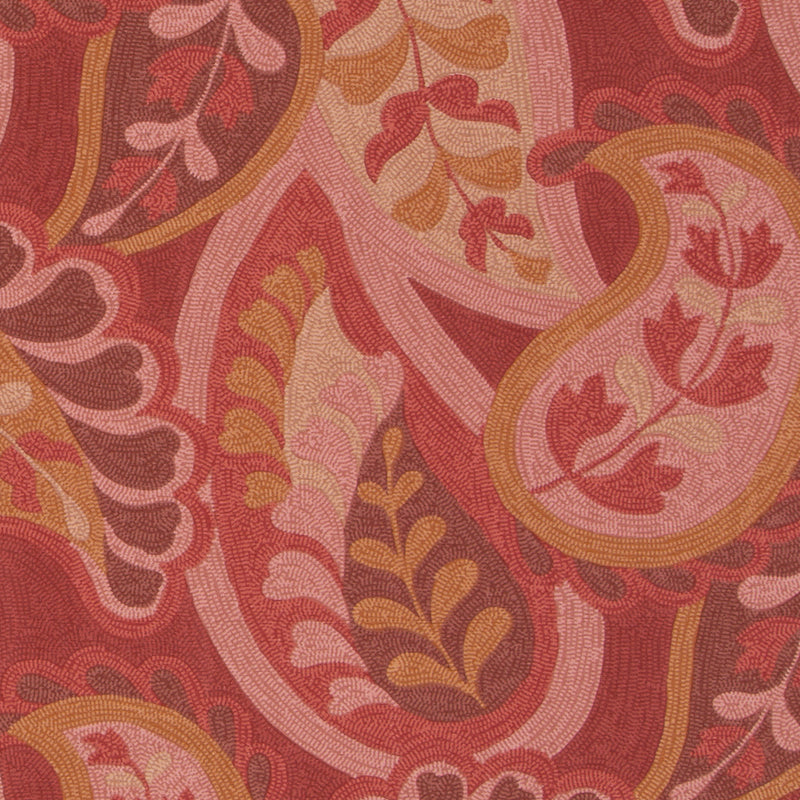 Paisley textile pattern in red, pink, orange & yellow with flowing floral motifs.