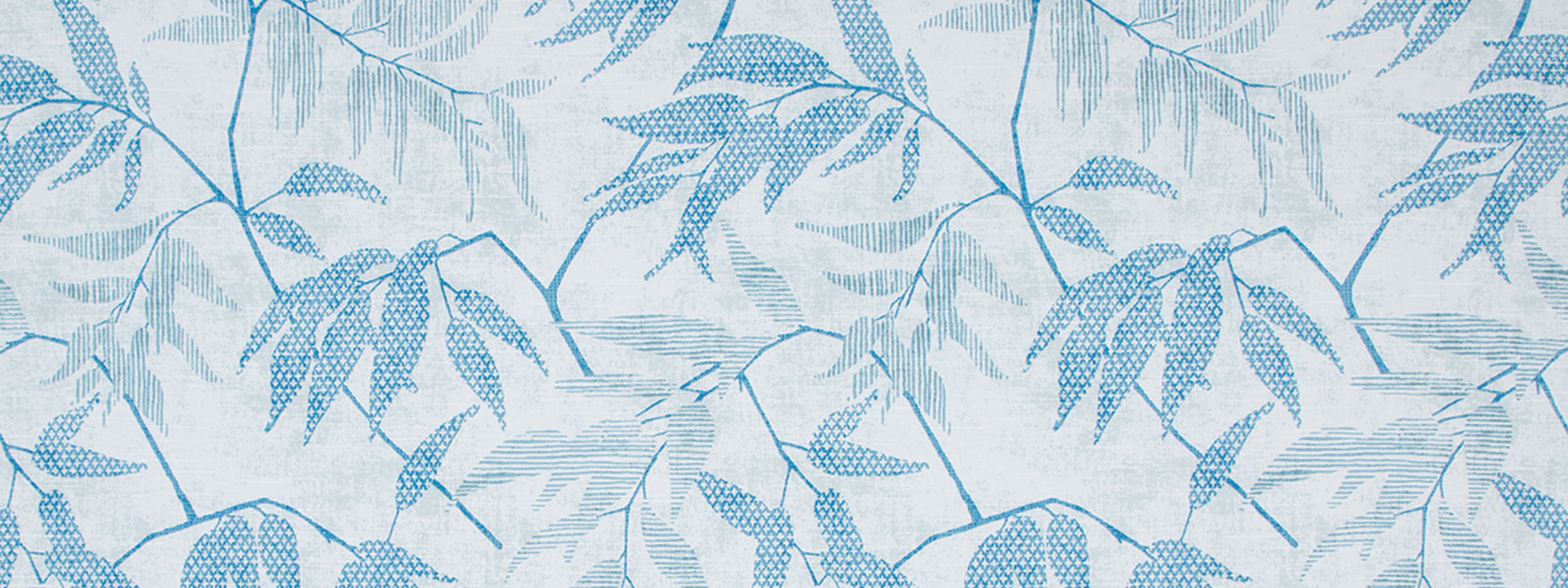 Blue botanical leaf pattern with fern-like fronds on a pale blue background; ideal for fabric or wallpaper.