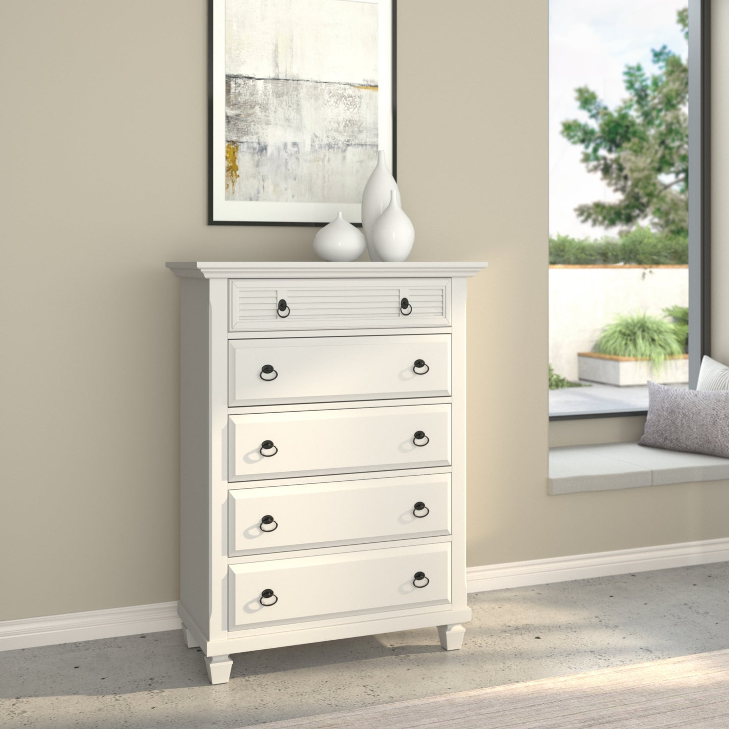 38" White Solid Wood Five Drawer Chest