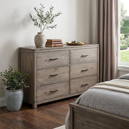 60" Gray Taupe Solid Wood Six Drawer Double Dresser