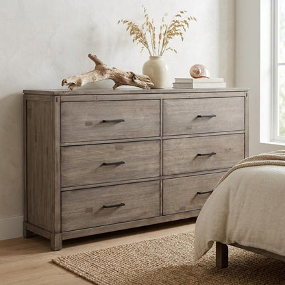 60" Gray Taupe Solid Wood Six Drawer Double Dresser