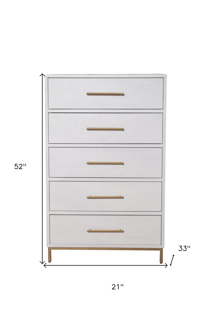 30" White Solid Wood Five Drawer Dresser