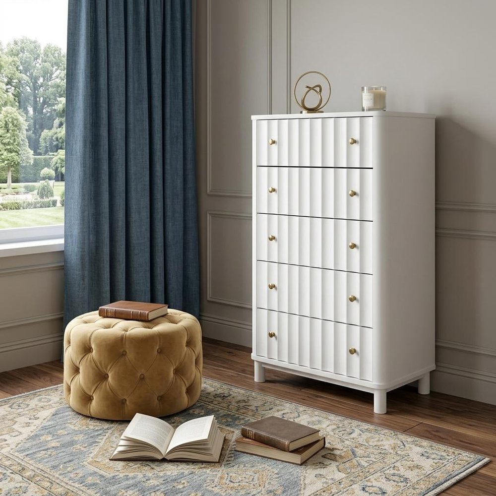 28" White Ribbed Texture Solid Wood Five Drawer Dresser