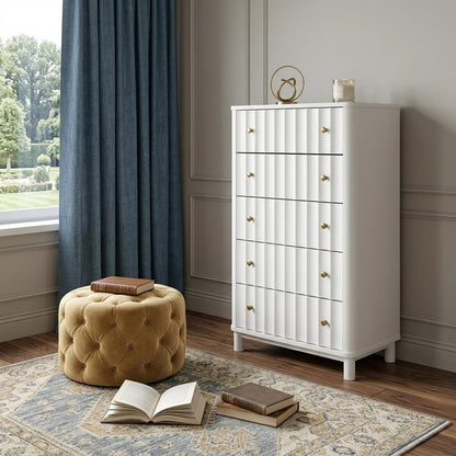 28" White Ribbed Texture Solid Wood Five Drawer Dresser