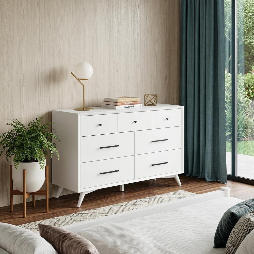 56" White Solid Wood Seven Drawer Double Dresser