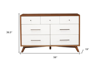 56" Brown And White Solid Wood Seven Drawer Double Dresser
