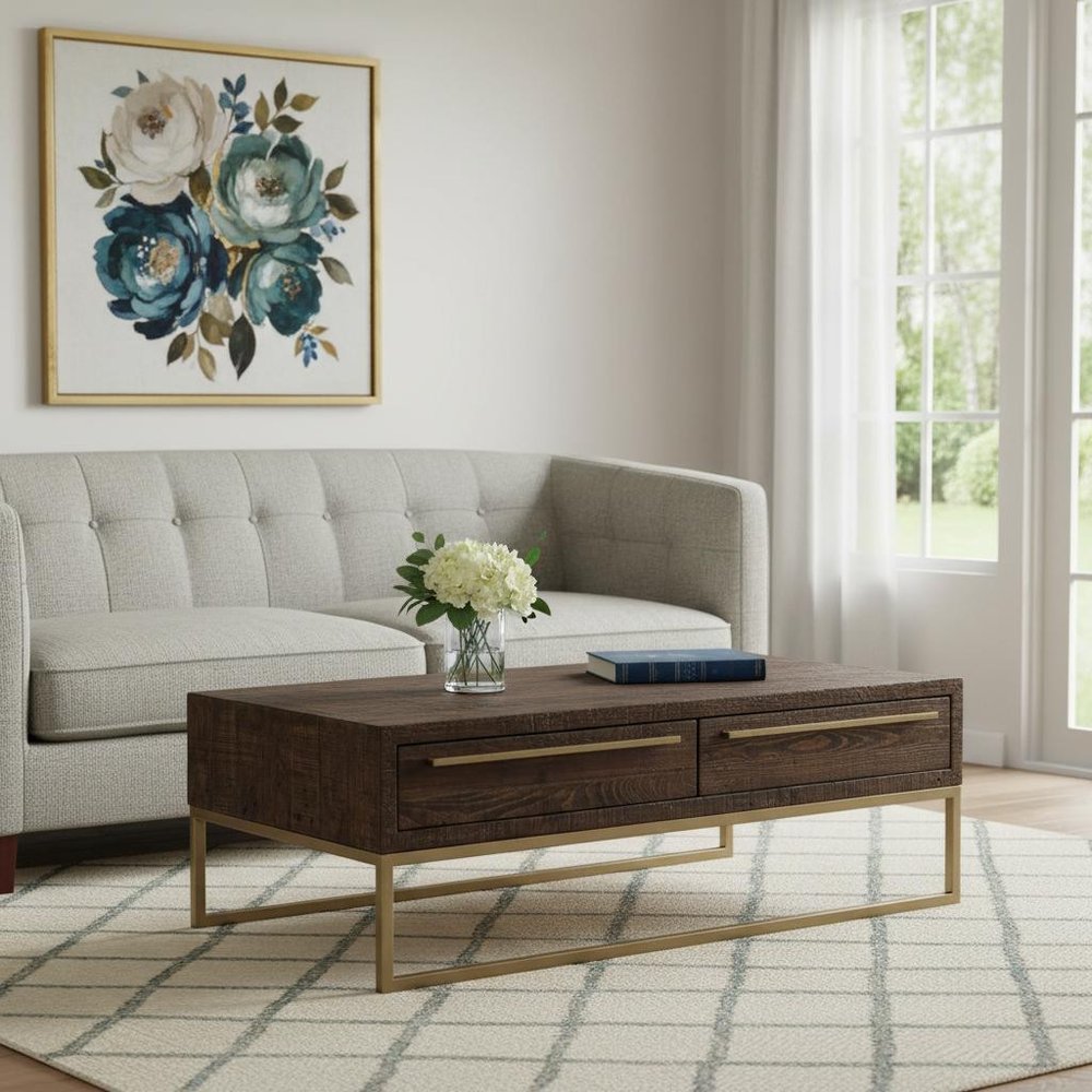 47" Dark Brown And Gold Metal Coffee Table With Drawer
