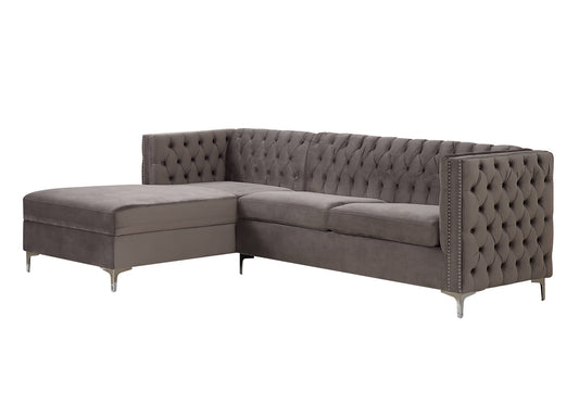 Gray Velvet L Shaped Two Piece Sofa and Chaise Sectional