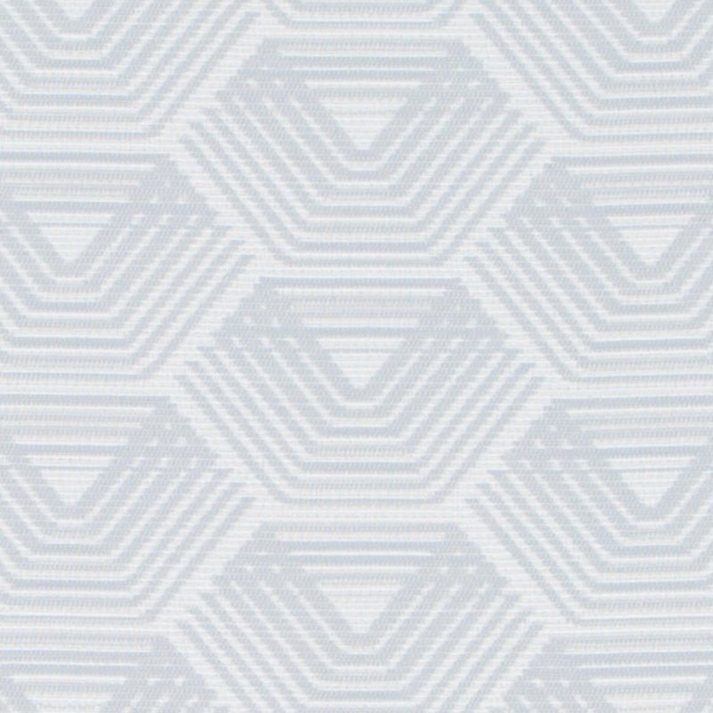 Soft blue-gray geometric pattern with repeating hexagon motifs and concentric lines.