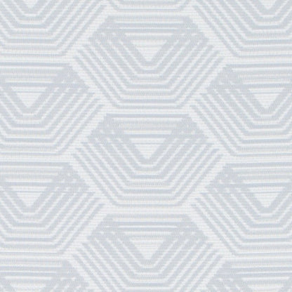Soft blue-gray geometric pattern with repeating hexagon motifs and concentric lines.