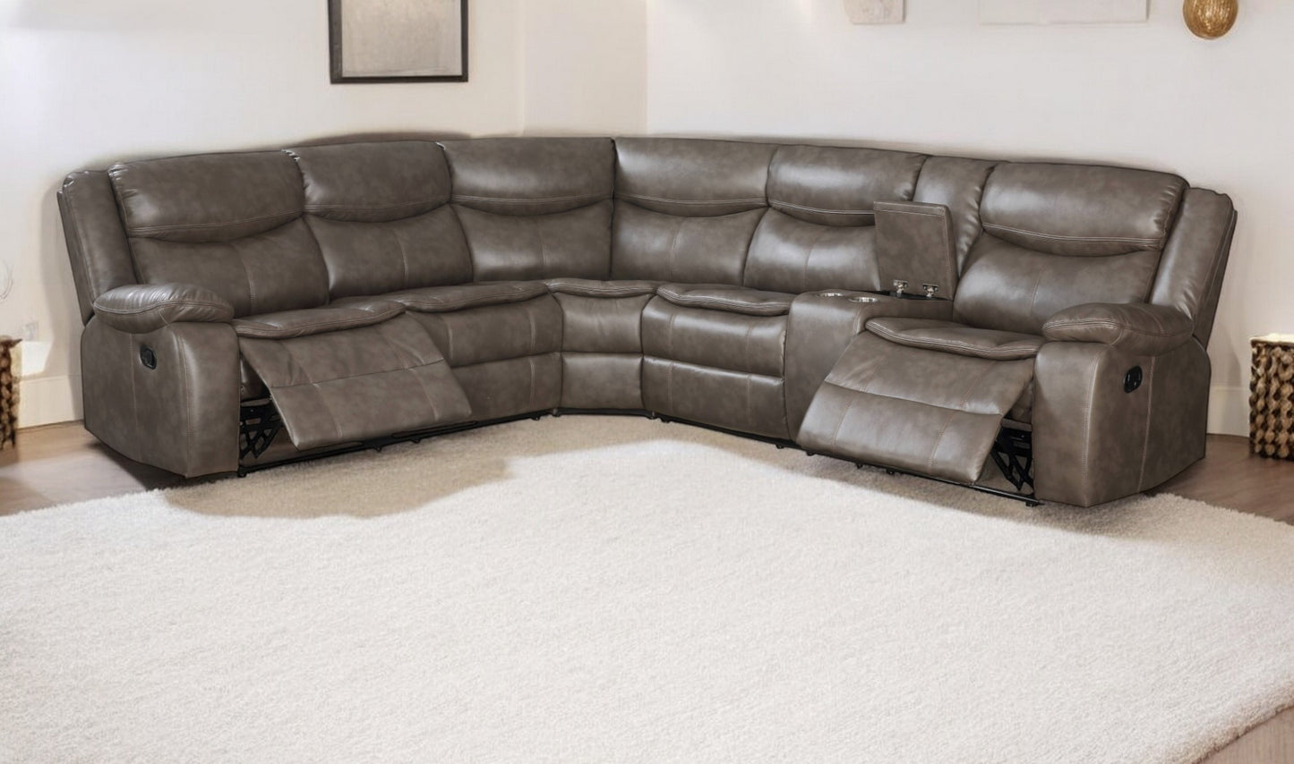 Taupe Faux Leather Reclining L Shaped Six Piece Corner Sectional With Console