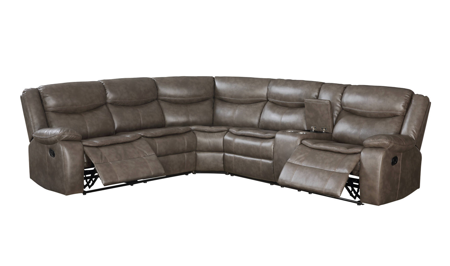 Taupe Faux Leather Reclining L Shaped Six Piece Corner Sectional With Console