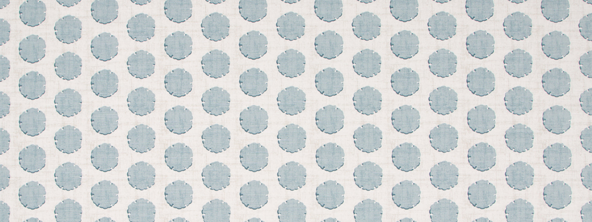 Blue-gray polka dot fabric pattern with evenly spaced circles on a white background.