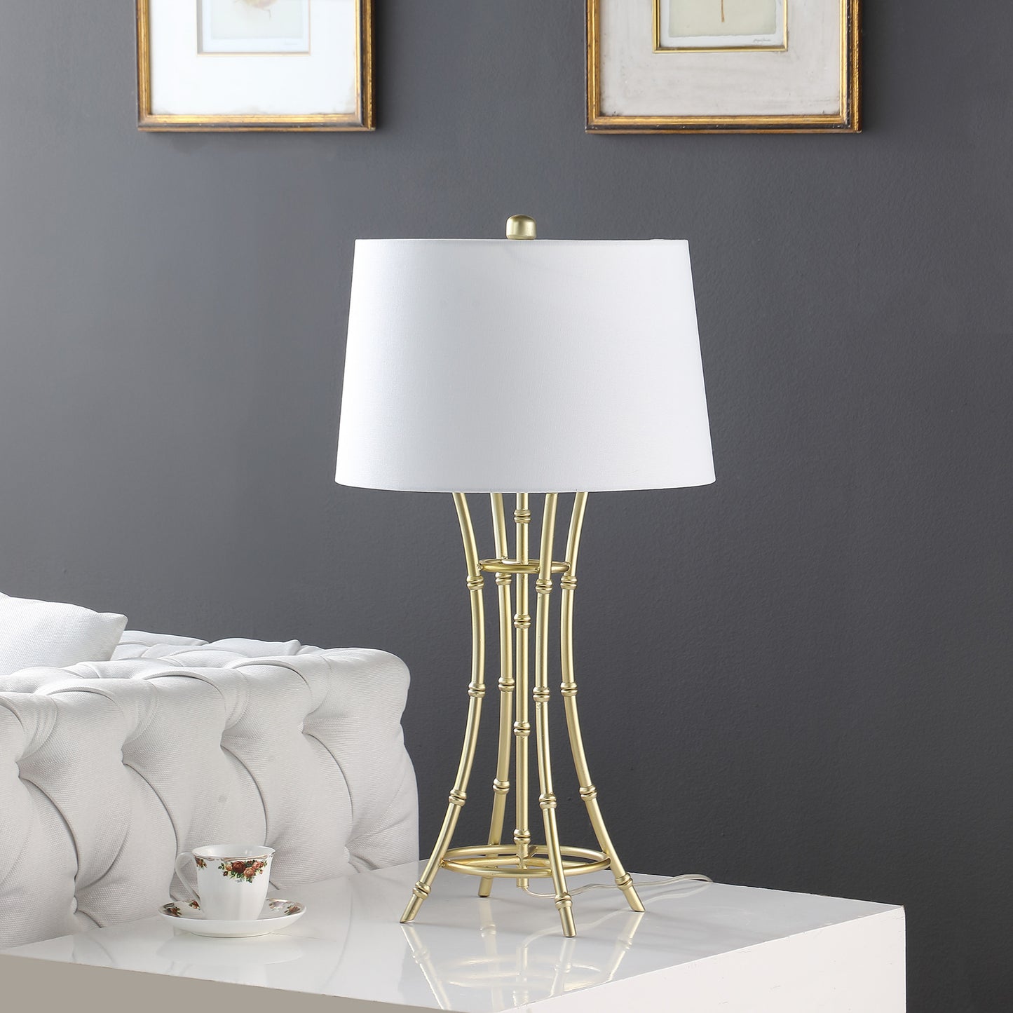 29" Gold Bamboo Design Table Lamp With Off White Drum Shade