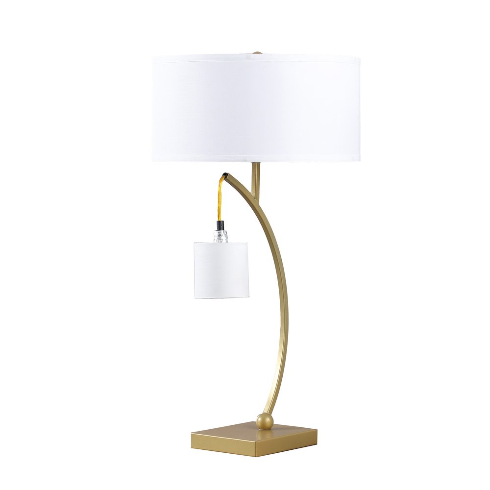29" gold metal two-light arched table lamp with white drum shade