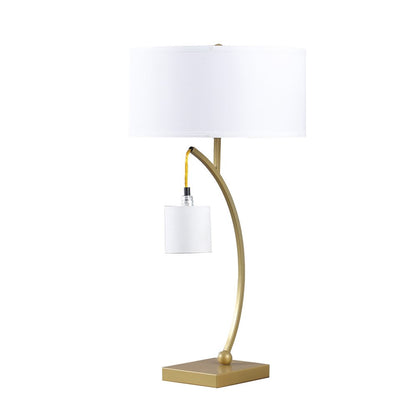 29" gold metal two-light arched table lamp with white drum shade