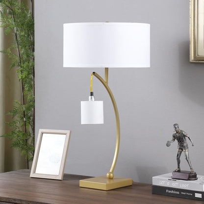 29" Gold metal two-light arched table lamp with white drum shade