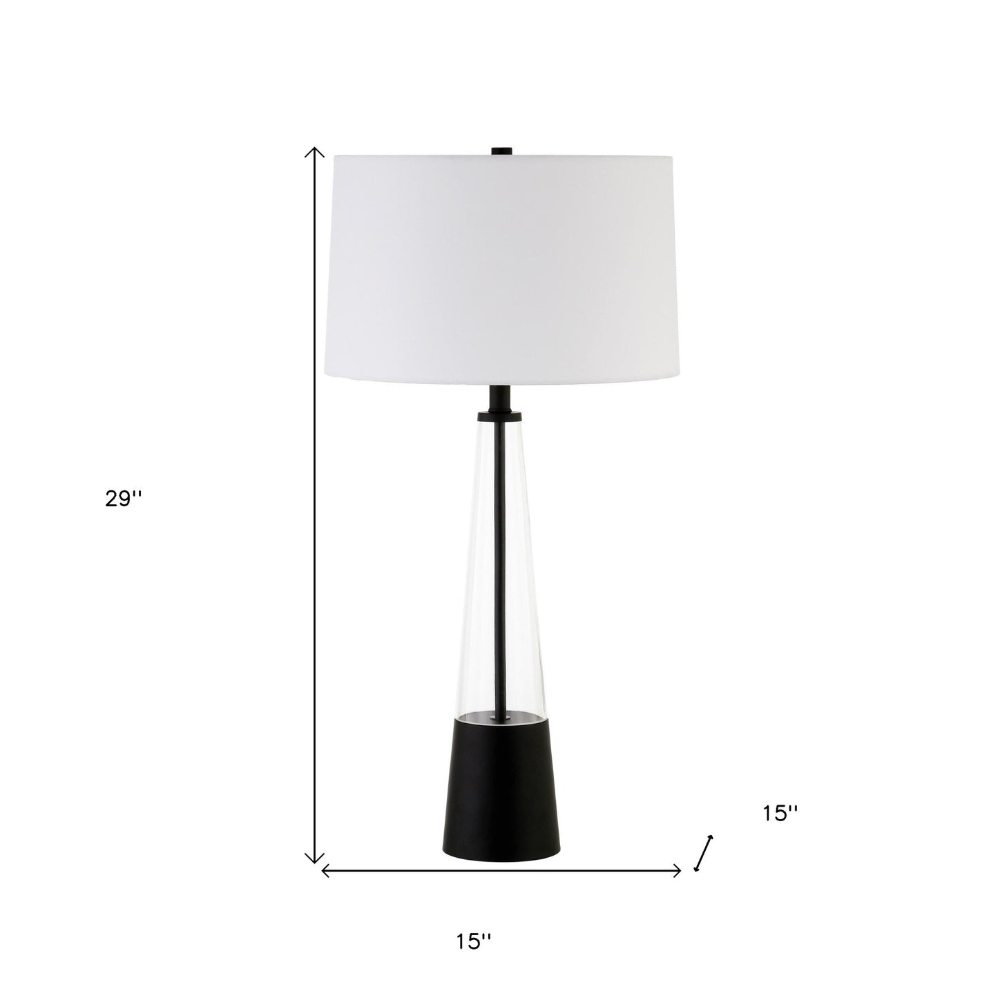 29" Black and Clear Metal and Glass Table Lamp With White Drum Shade