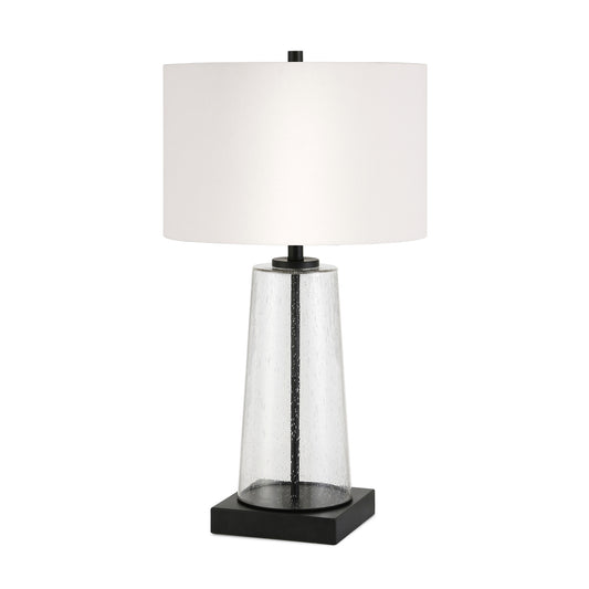 27" Black and Clear Metal and Glass Table Lamp With White Drum Shade