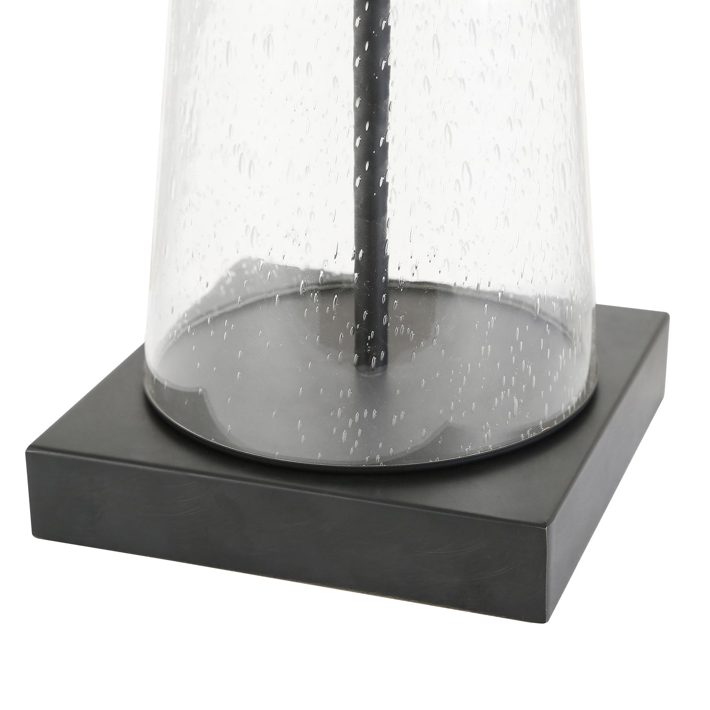 27" Black and Clear Metal and Glass Table Lamp With White Drum Shade