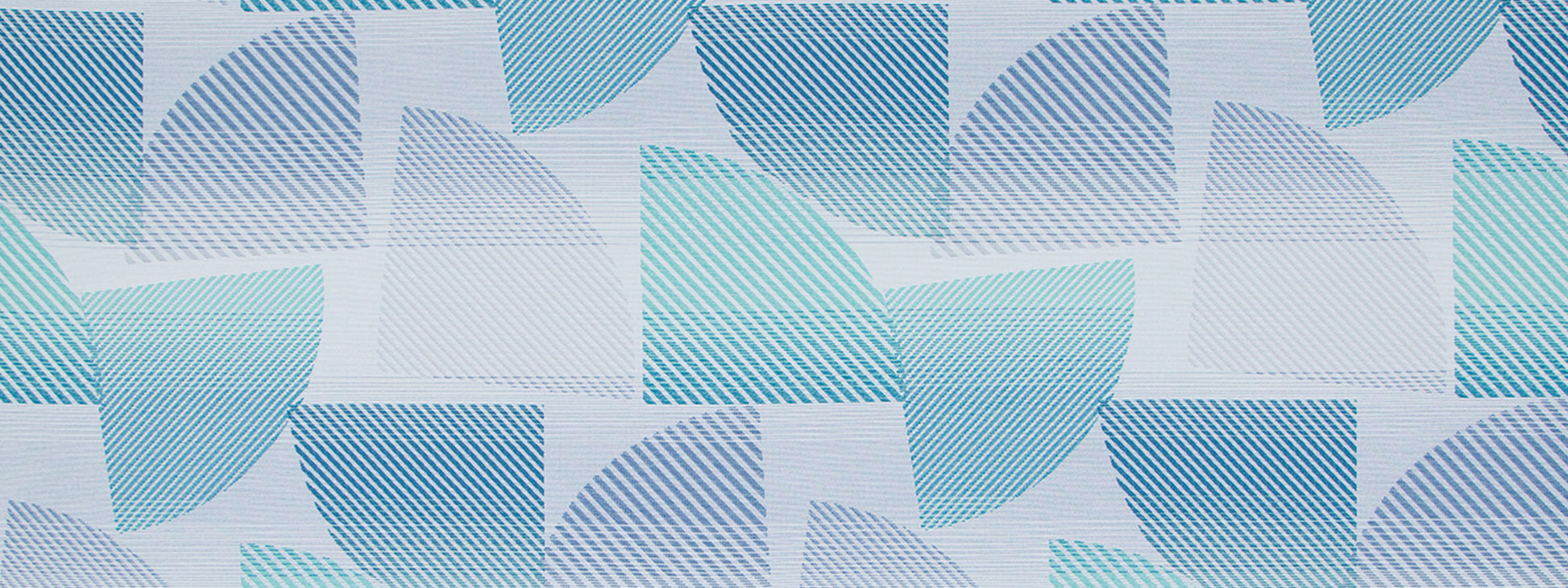 Abstract blue geometric pattern on upholstery fabric, featuring curved striped shapes in teal, cyan and blue on white.