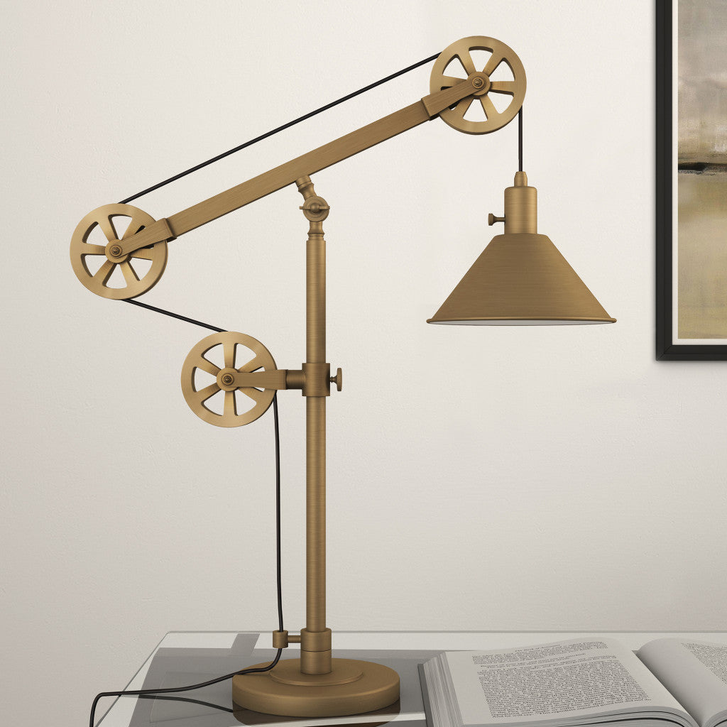 29" Brass Metal Desk Table Lamp With Brass Cone Shade