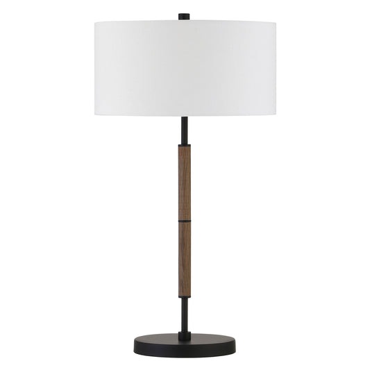 25" Brown and Black Metal Two Light Table Lamp With White Drum Shade