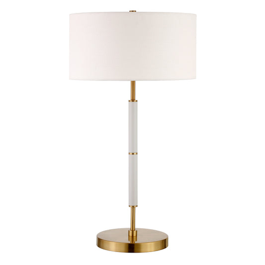 25" Gold and White Metal Two Light Table Lamp With White Drum Shade