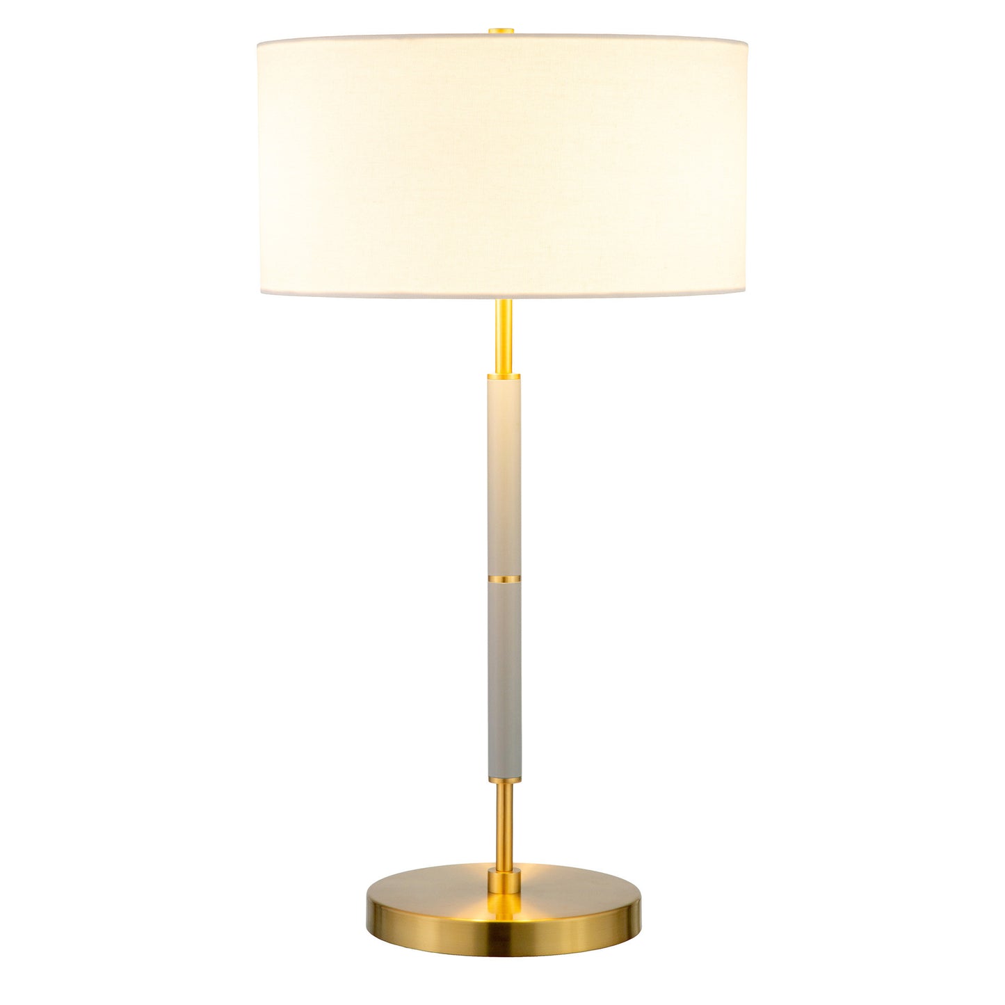 25" Gray and Gold Metal Two Light Table Lamp With White Drum Shade