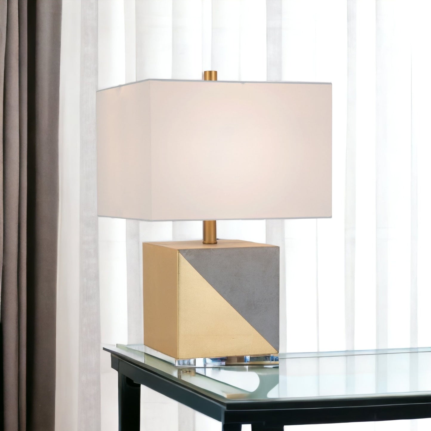 18" Gray and Gold Concrete Table Lamp With White Shade