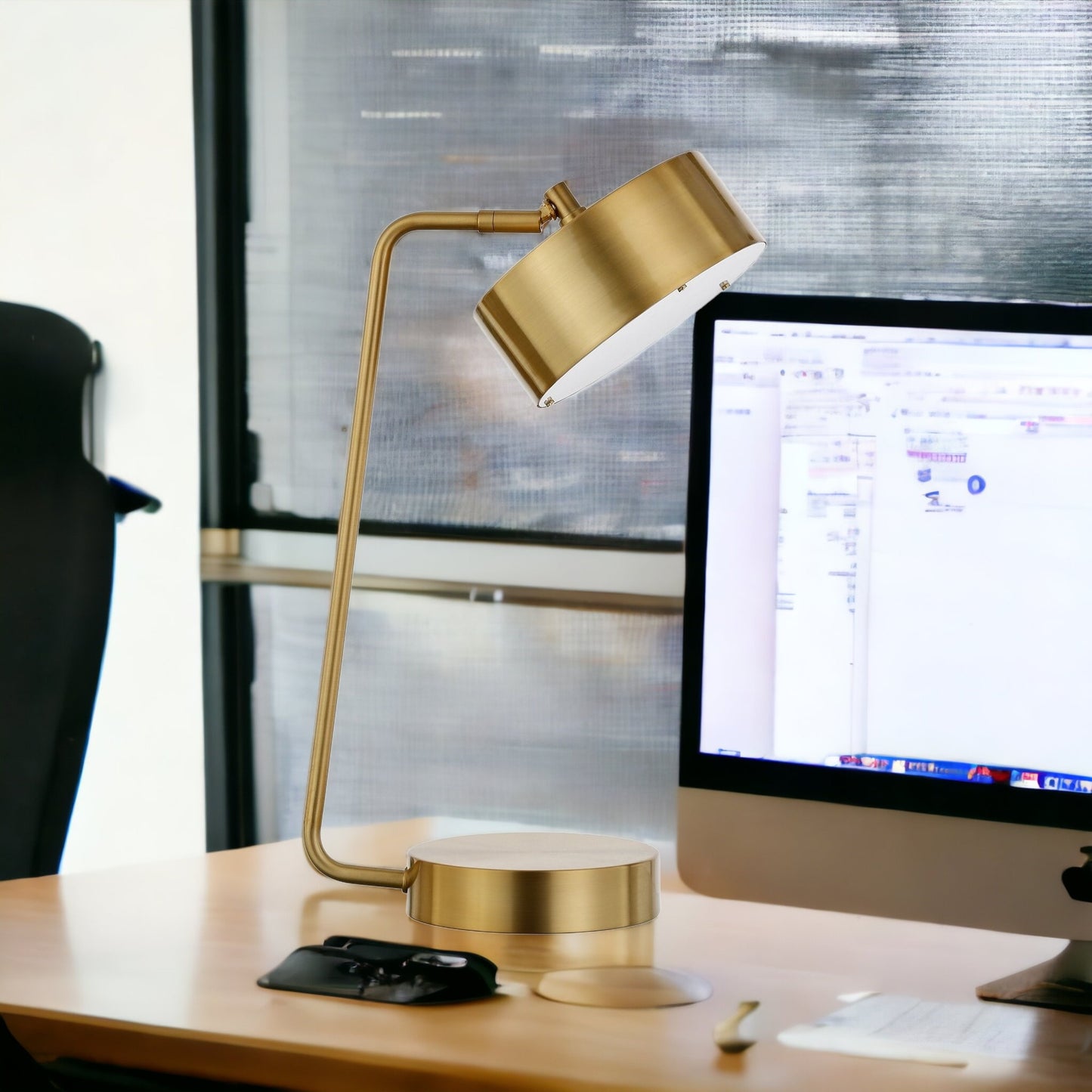 18" Brass Metal Desk Table Lamp With Brass Drum Shade