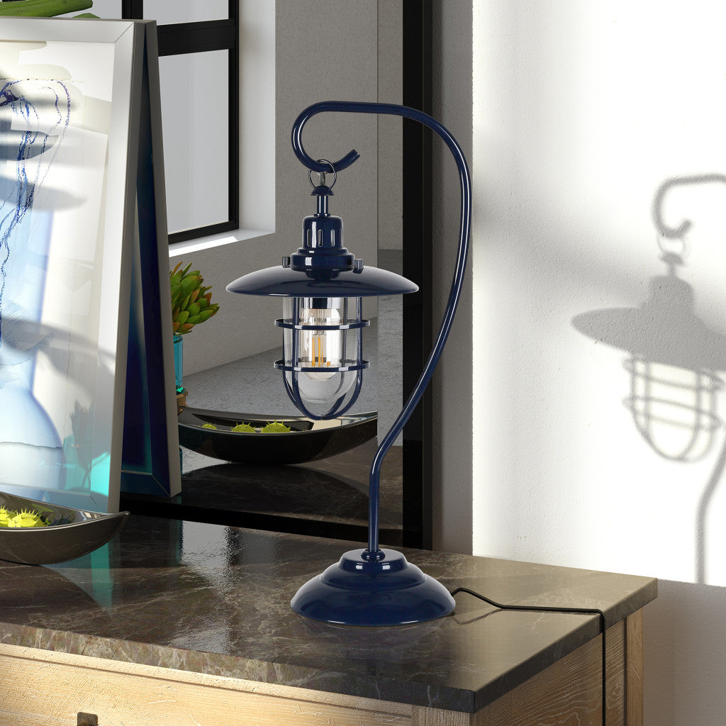 22" Navy Blue Metal Arched Table Lamp With Navy Blue Cage Shade
