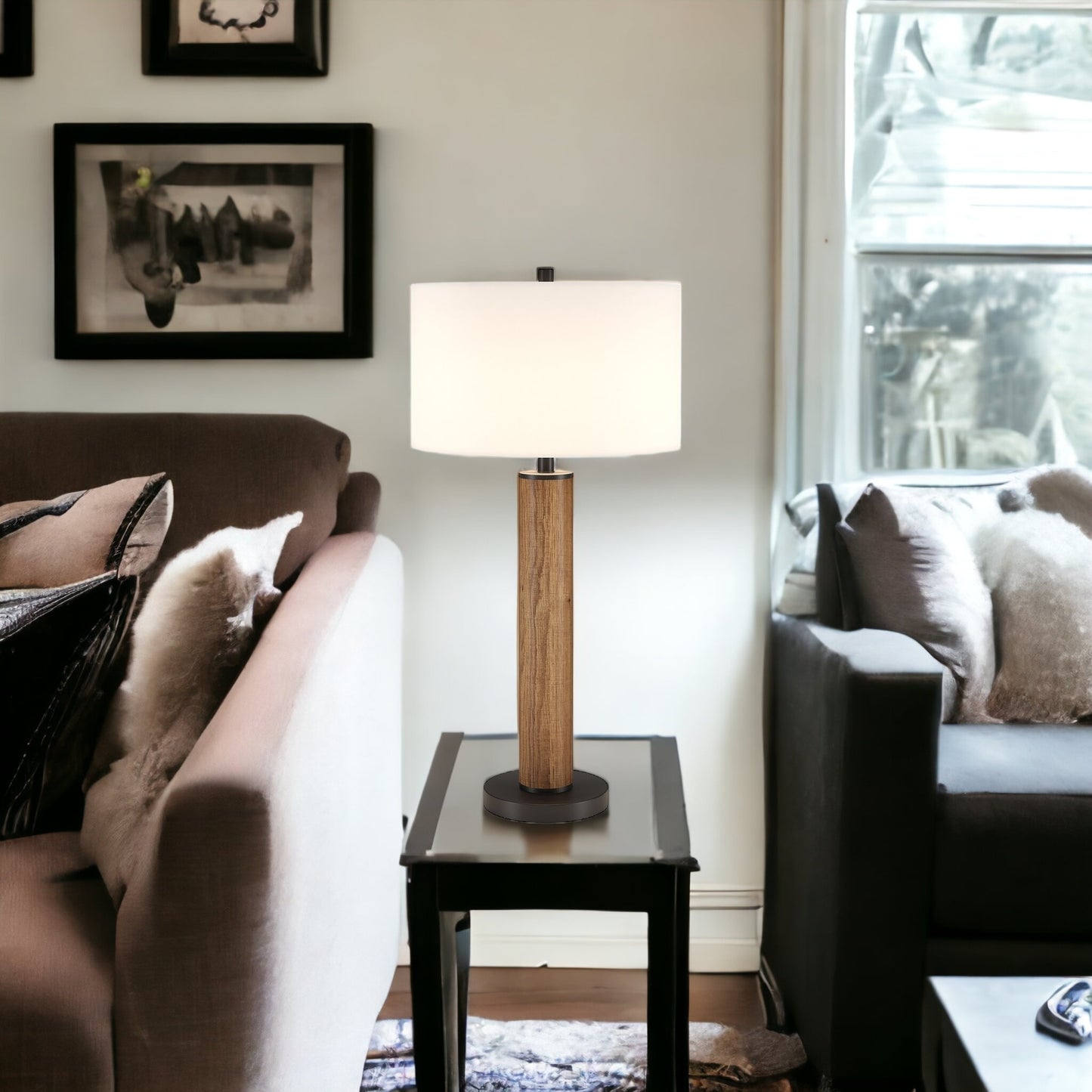 29" Brown and Black Metal Table Lamp With White Drum Shade