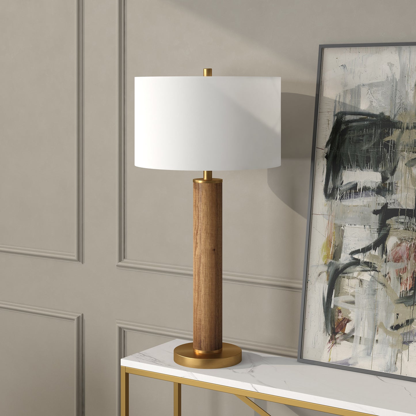 29" Gold and Brown Metal Table Lamp With White Drum Shade