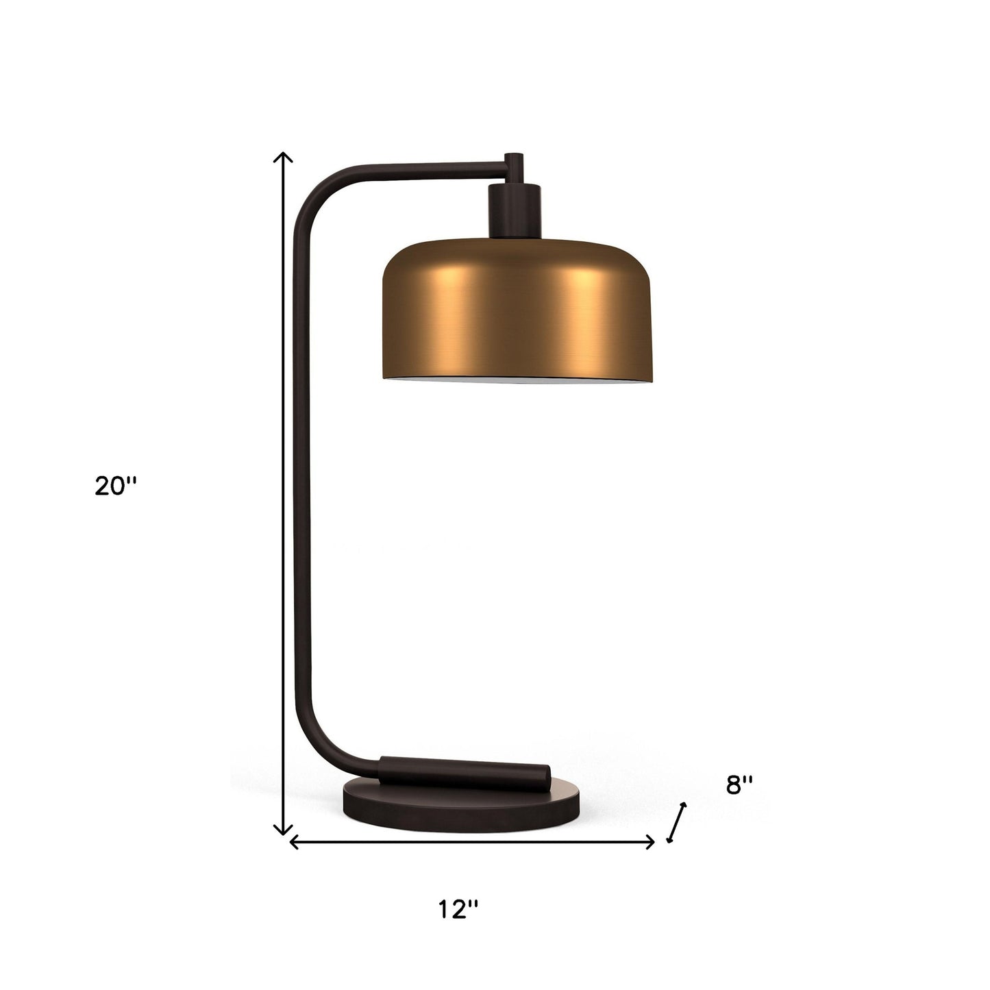 20" Black Metal Arched Table Lamp With Brass Bowl Shade