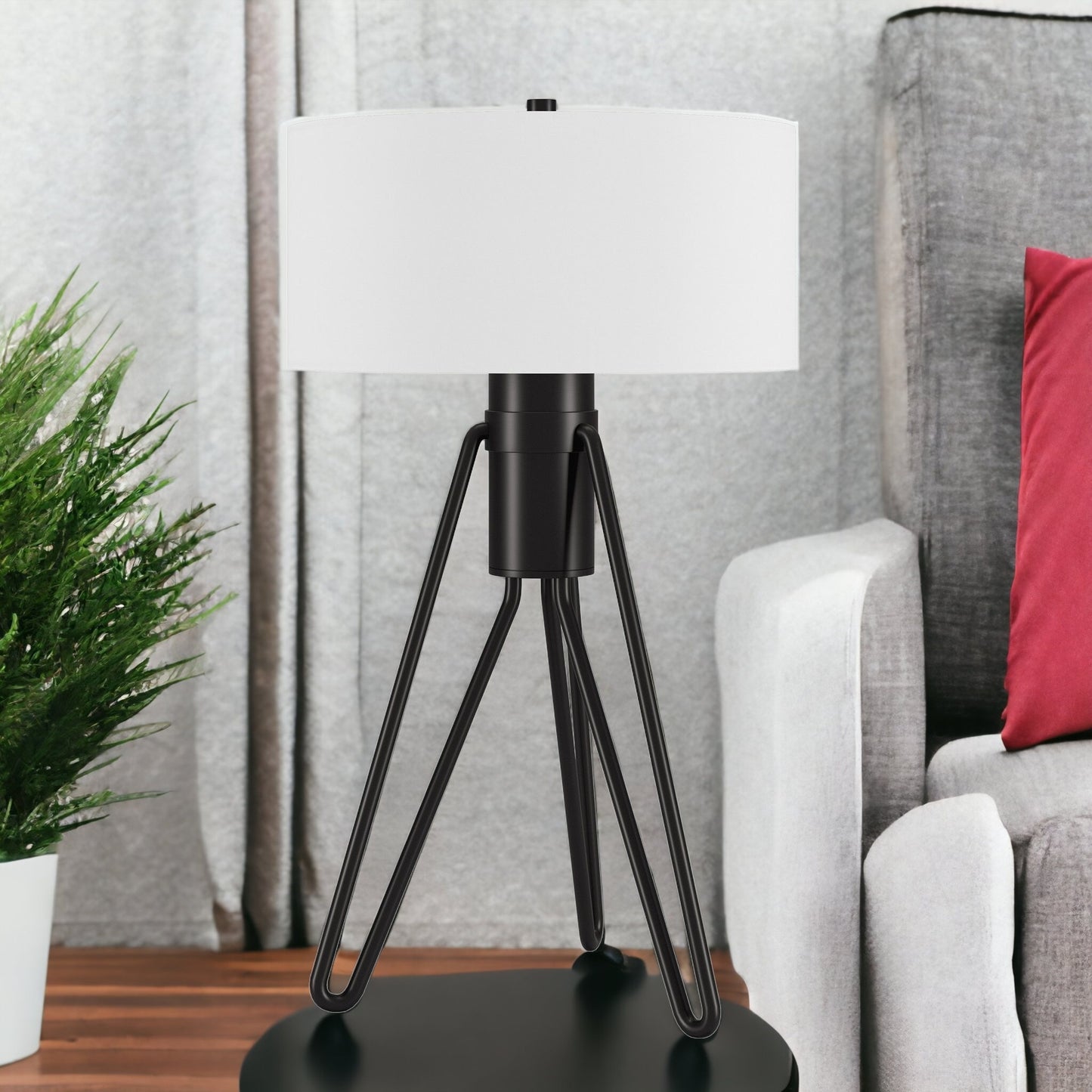 25" Black Metal Two Light Tripod Table Lamp With White Drum Shade