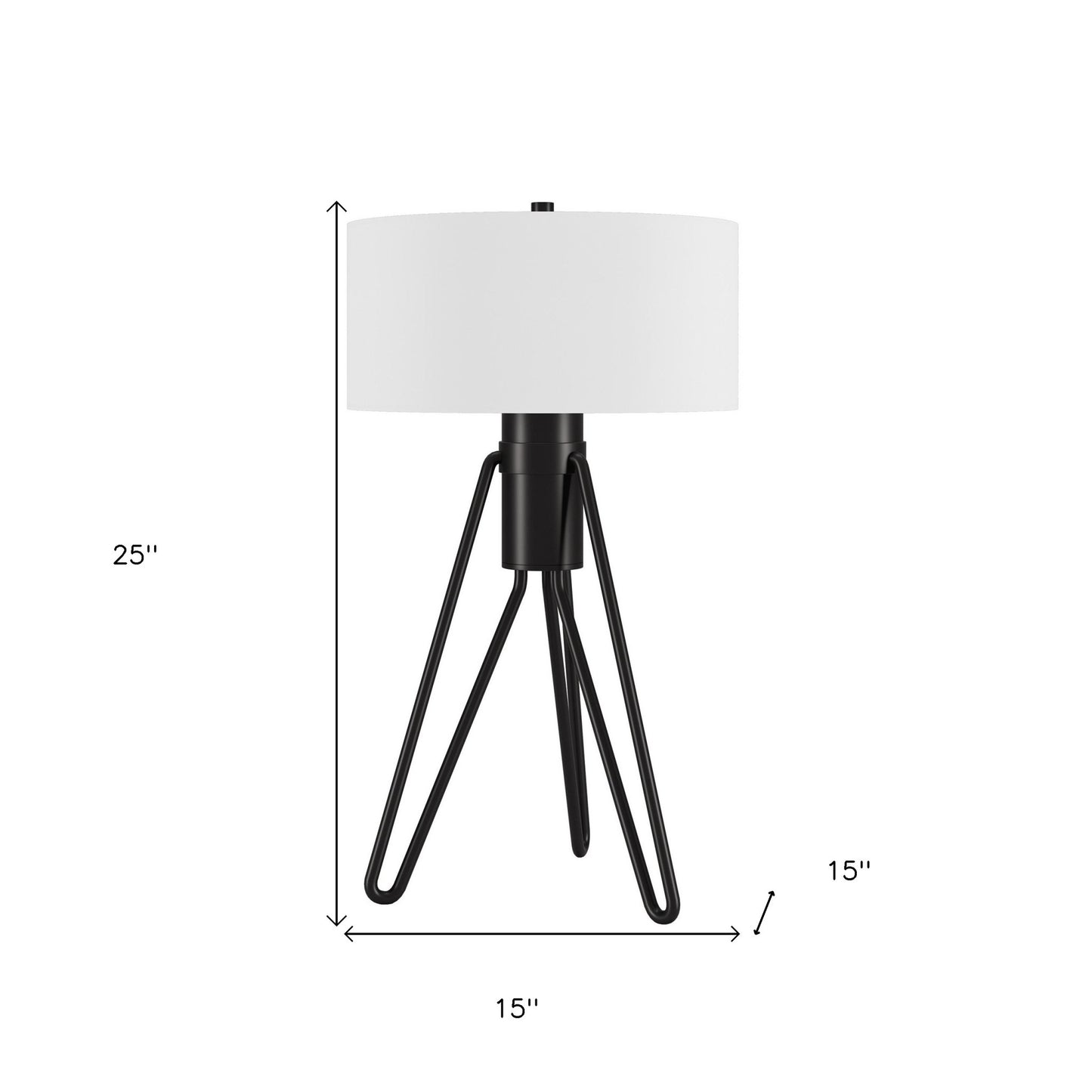 25" Black Metal Two Light Tripod Table Lamp With White Drum Shade