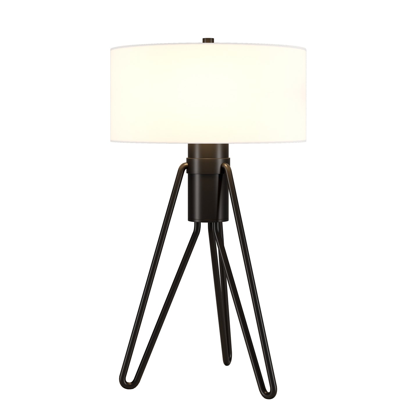 25" Black Metal Two Light Tripod Table Lamp With White Drum Shade