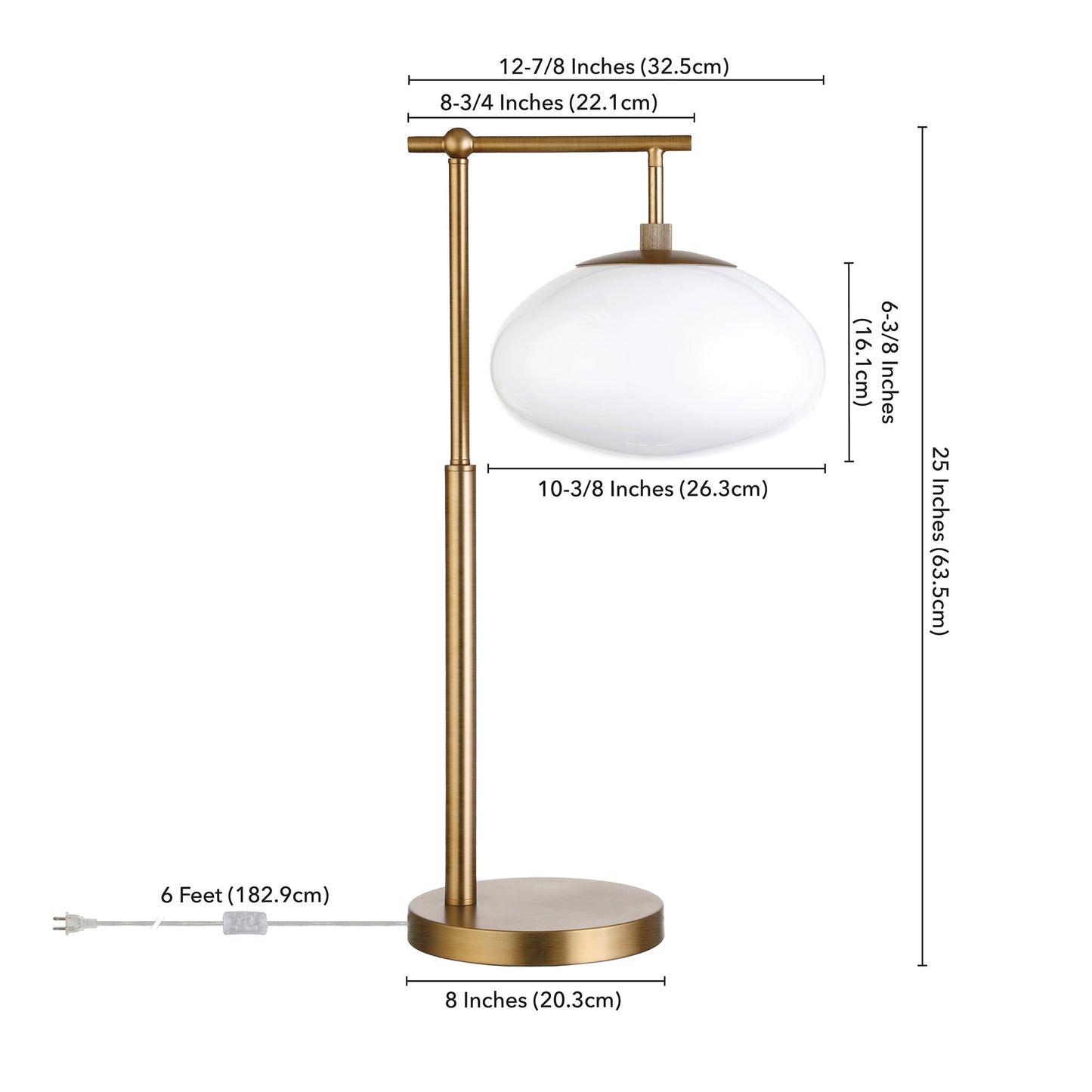 25" Brass Metal Arched Table Lamp With White Globe Shade