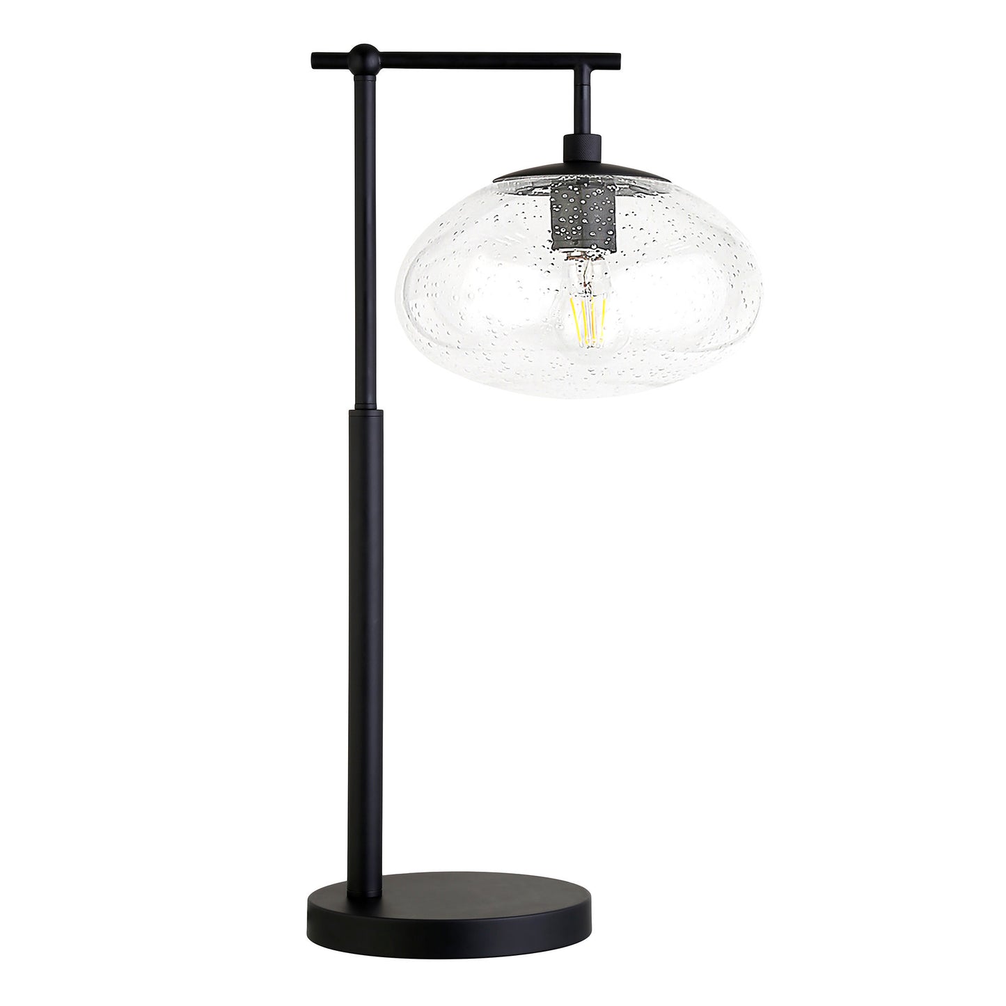 25" Black Metal Arched Table Lamp With Clear Seeded Globe Shade