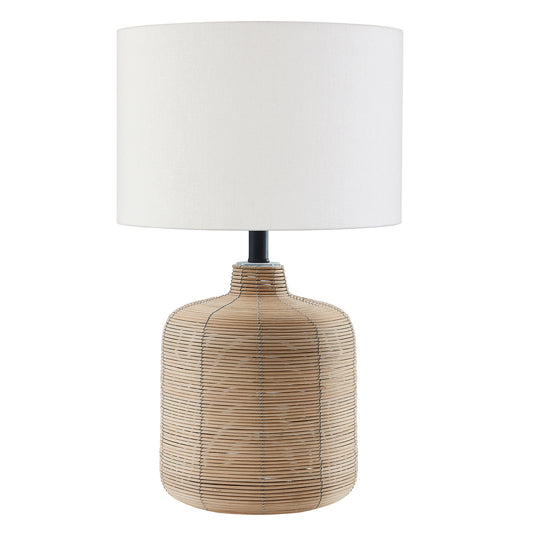 20" Natural Rattan Table Lamp With White Drum Shade