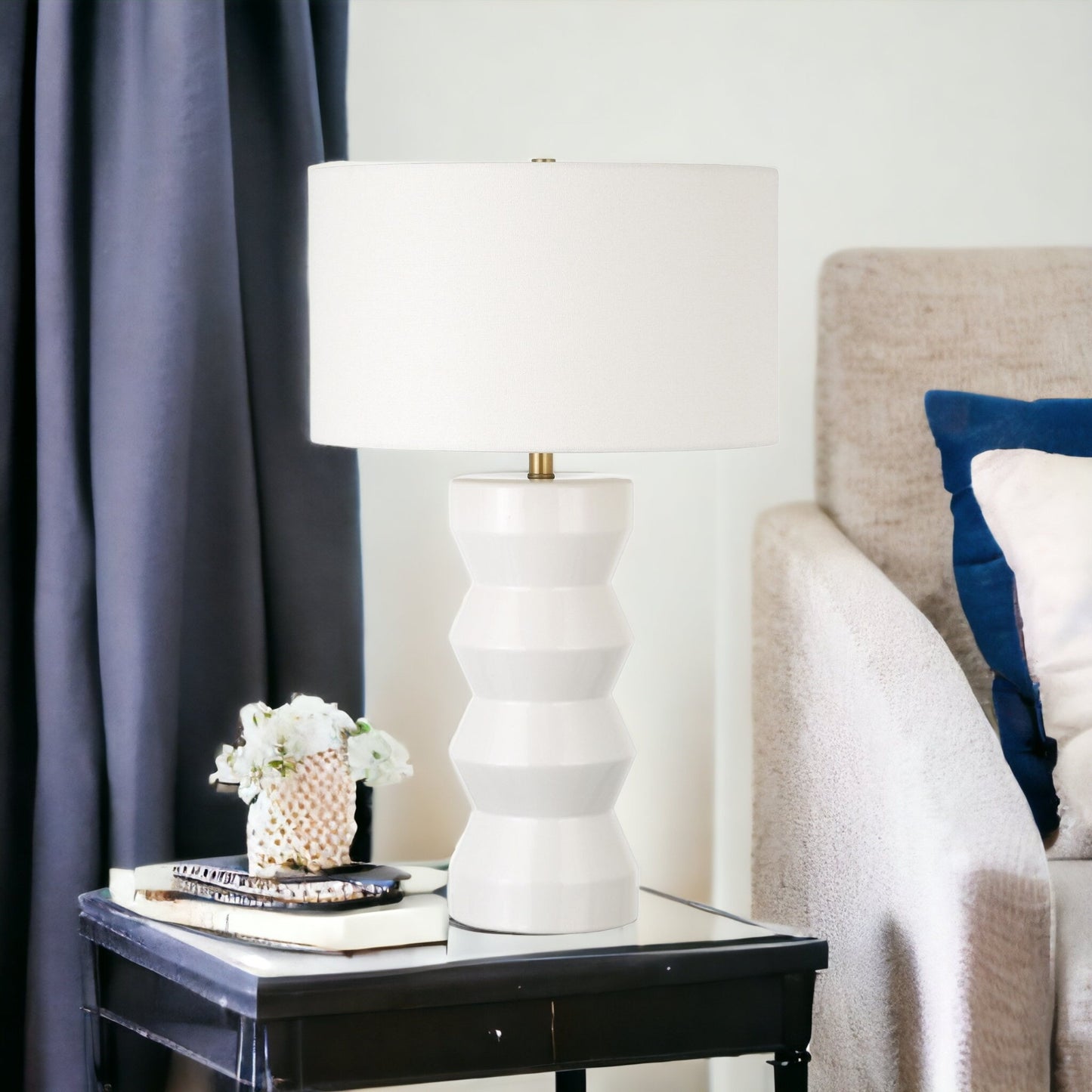 28" White Ceramic Table Lamp With White Drum Shade