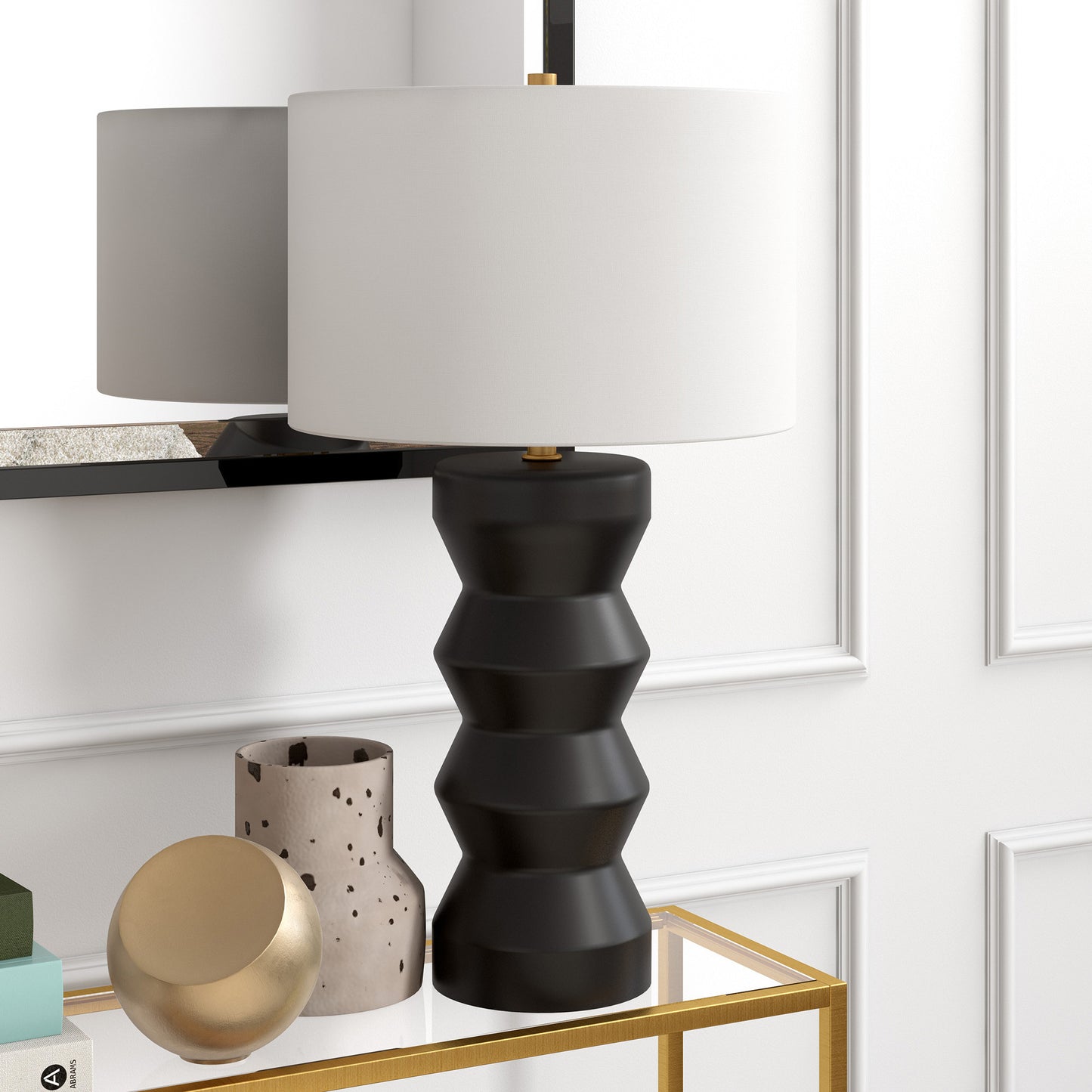 28" Black Ceramic Table Lamp With White Drum Shade