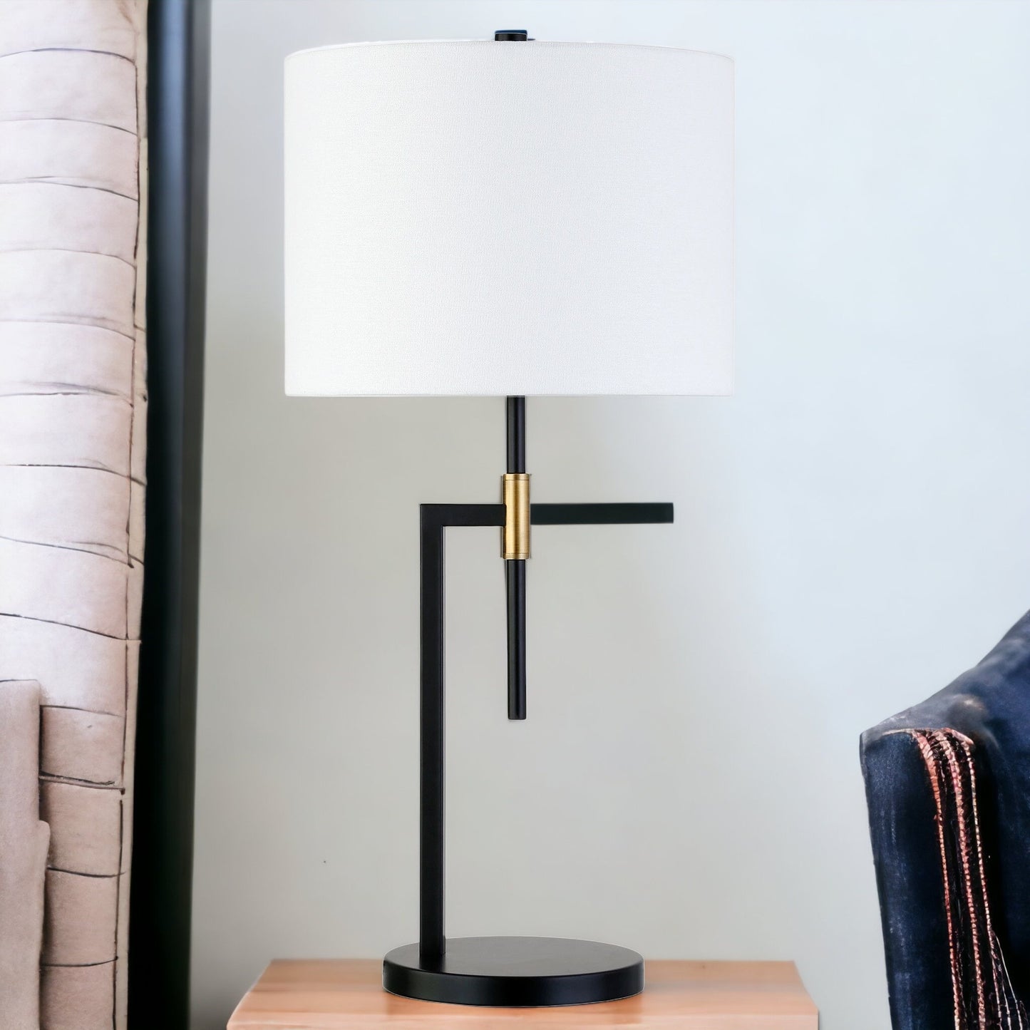 25" Black and Gold Metal Table Lamp With White Drum Shade
