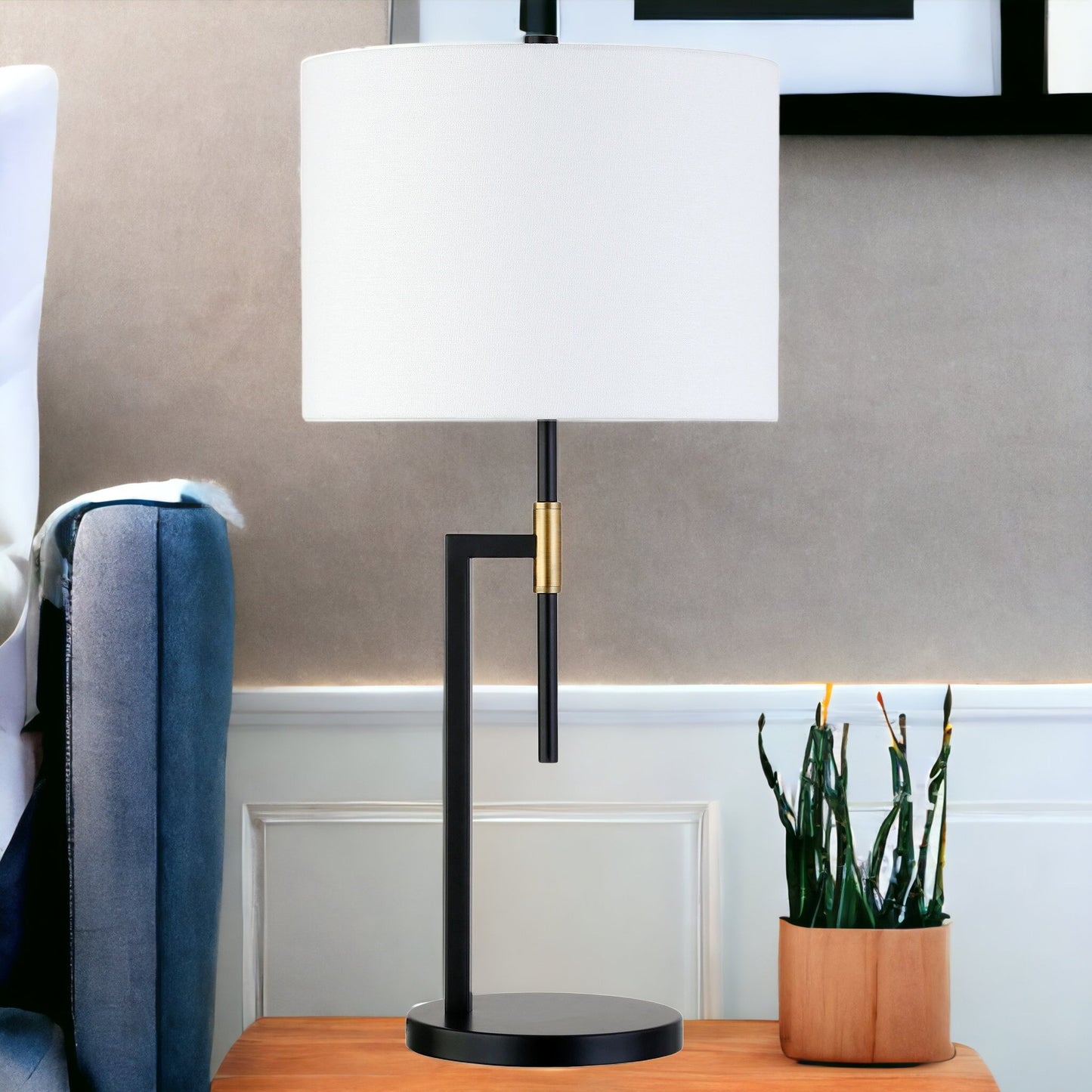 25" Black and Gold Metal Table Lamp With White Drum Shade