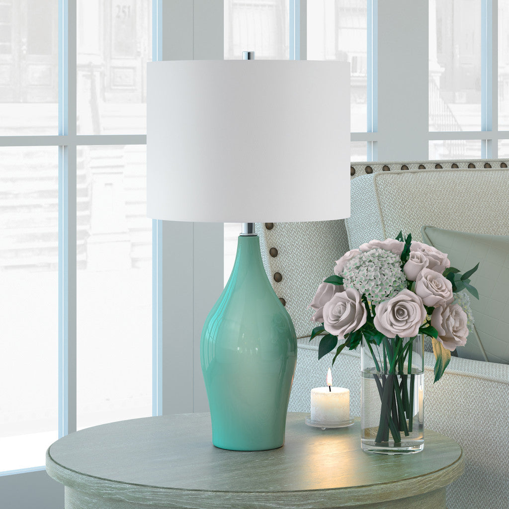 28" Teal Blue Porcelain Table Lamp With White Drum Shade