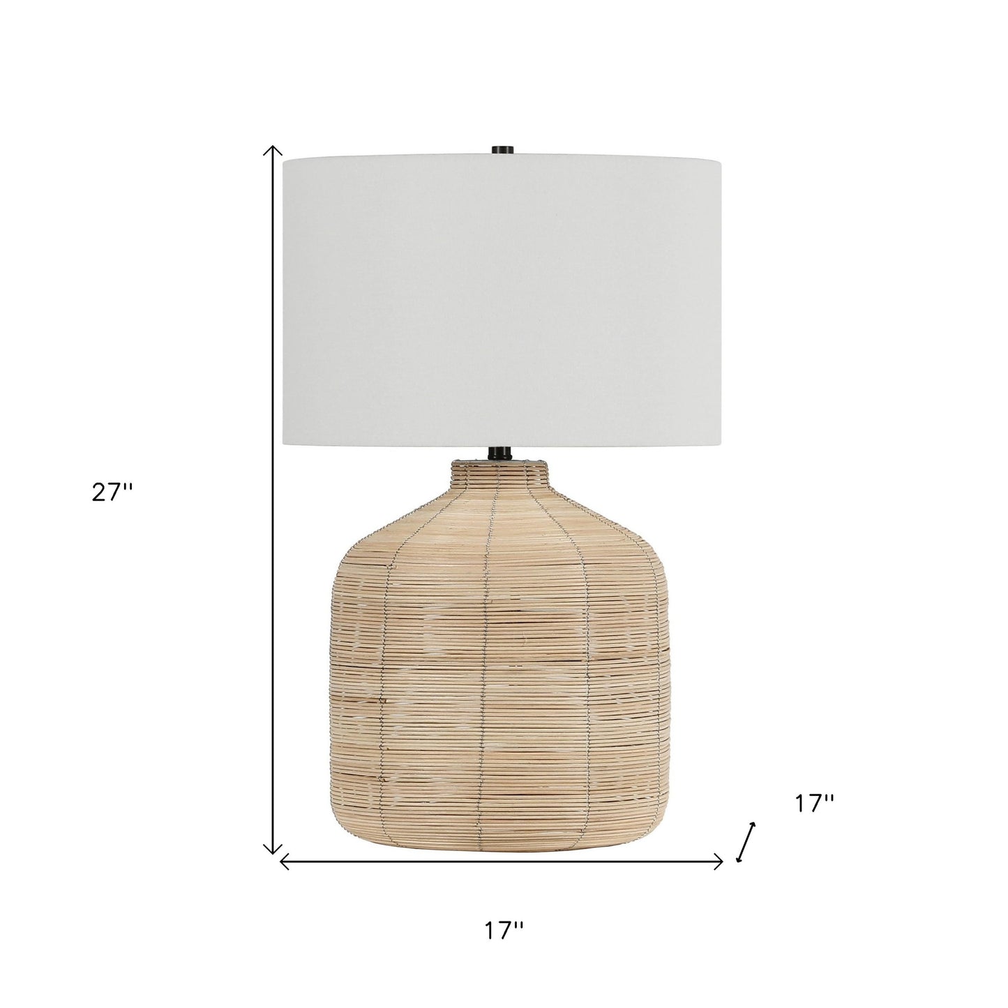 27" Natural Rattan Table Lamp With White Drum Shade