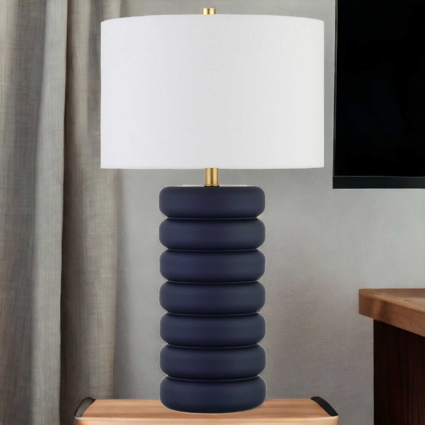 25" Navy Blue Ceramic Table Lamp With White Drum Shade